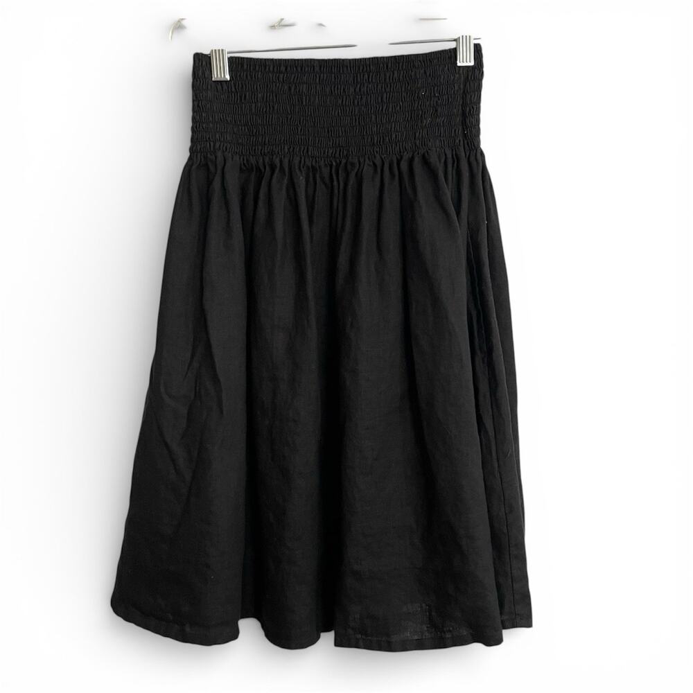 Linen Skirt Smocked Waist Size OS Black Pockets Indy Fashion Lagenlook Boho
